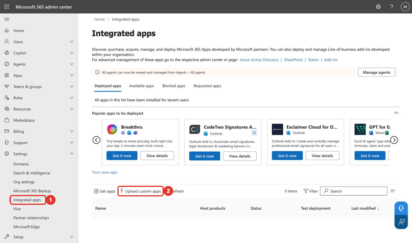 Microsoft 365 admin center with Settings, Integrated apps, and Upload custom apps highlighted
