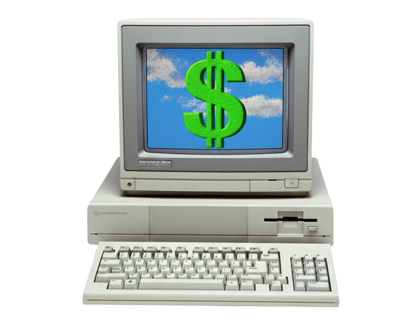 A retro desktop computer showing a dollar sign on screen